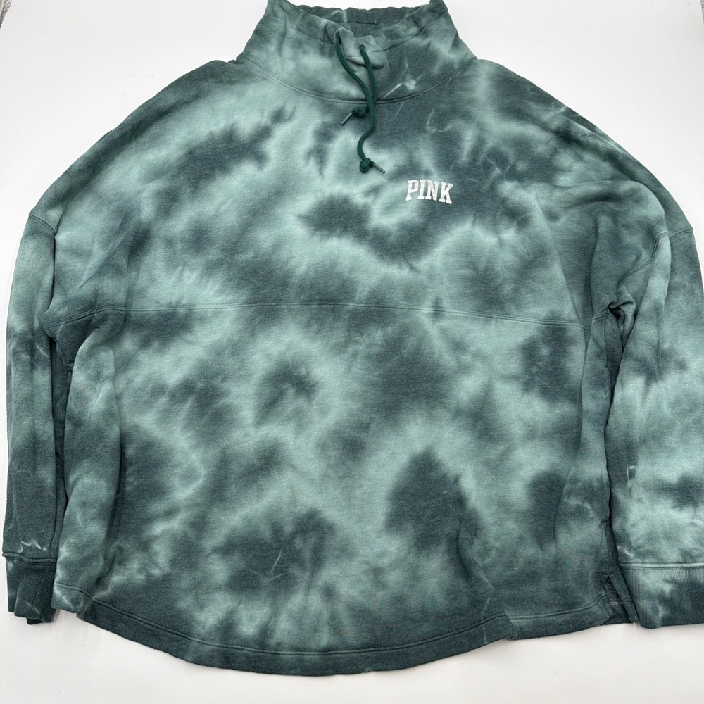 Victorias Secret Love Pink Cowl Neck Crew Sweatshirt Green Tie Dye 2XL 90's Vibe